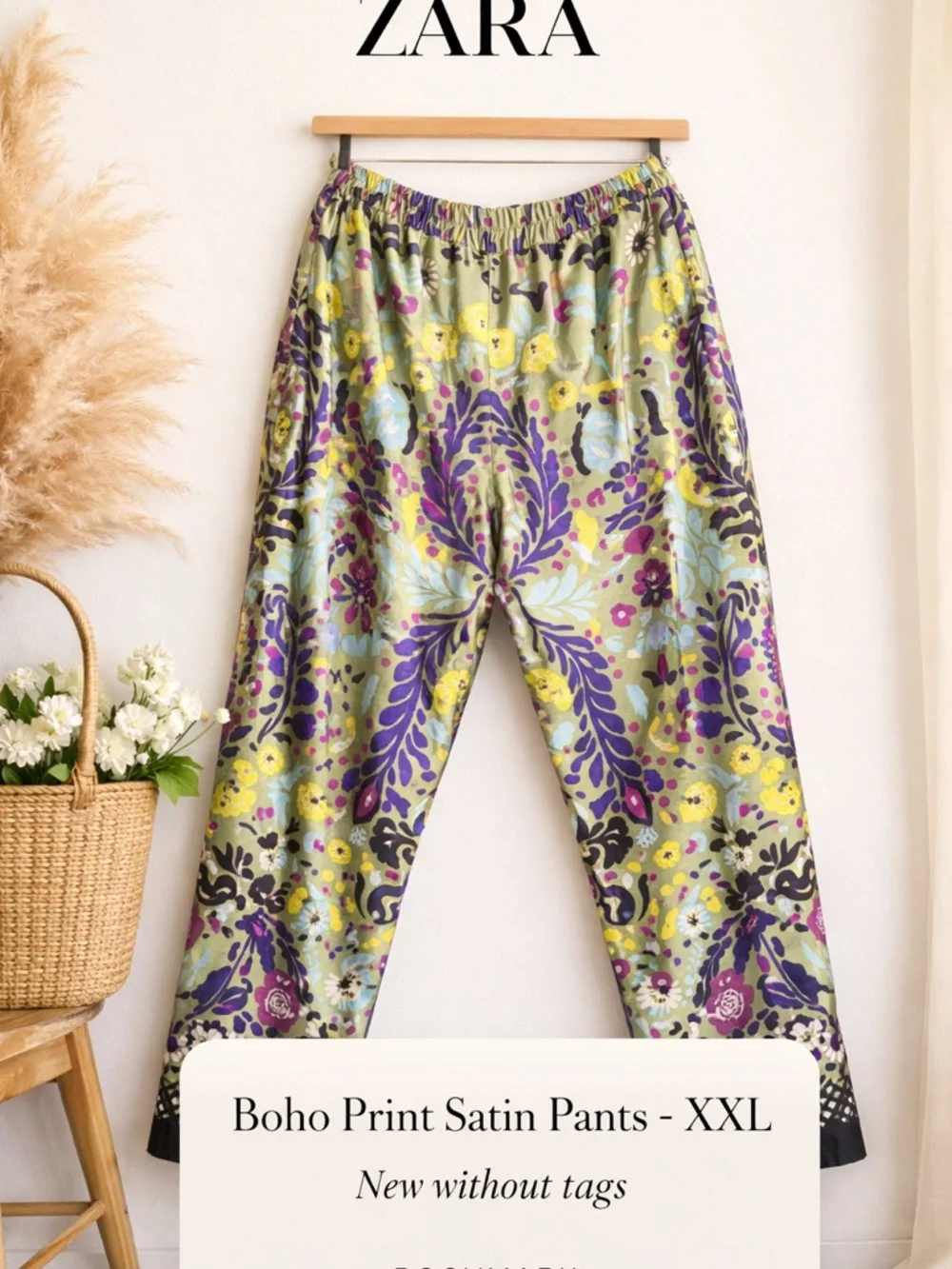 ZARA Multicolor Satin Elastic-Waist Printed Pants - Green, Purple, Yellow, Black - Picture 1 of 11